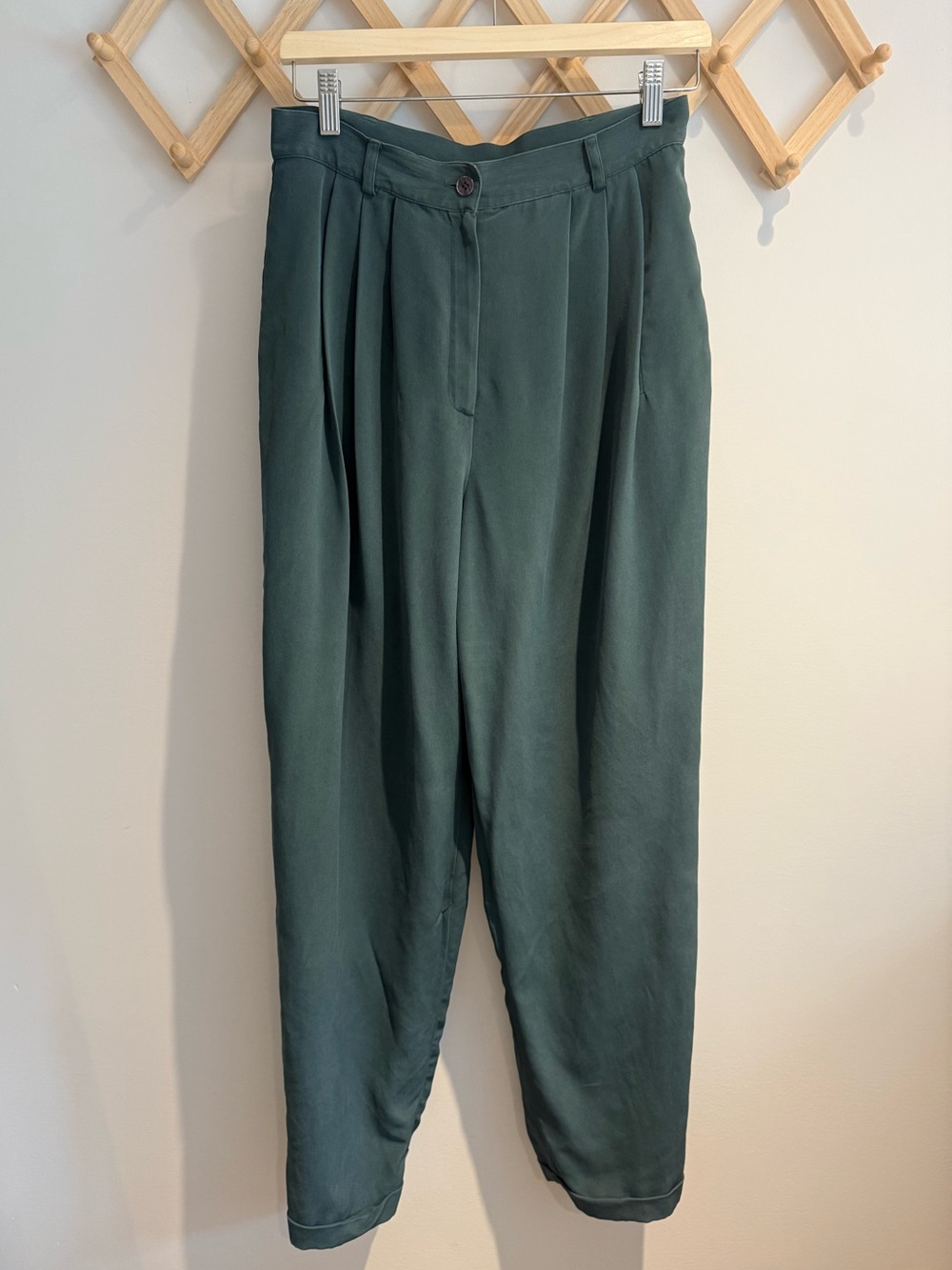 Vintage Silk High-Waist Draped Trousers in Deep Green